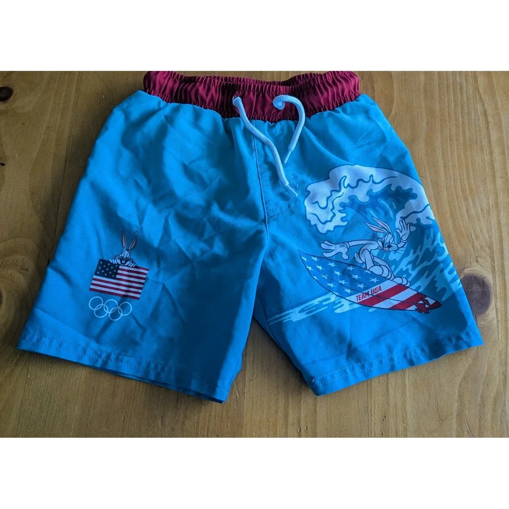 Looney Tunes‎ Team USA Bugs Bunny Swim Trunks Boys Size S 6/7 Olympic Surfing